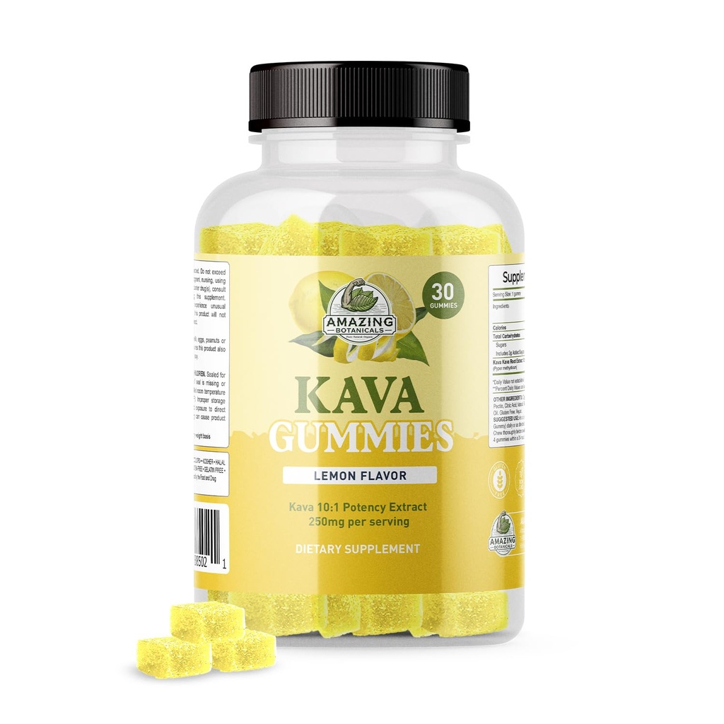 神奇的植物学 Zesty Lemon Kava Gummys - 每Gummy250mg - 自然睡眠援助促进放松和休息之夜,非GMO,Vegan,Gluten-Free - 30 Gummys