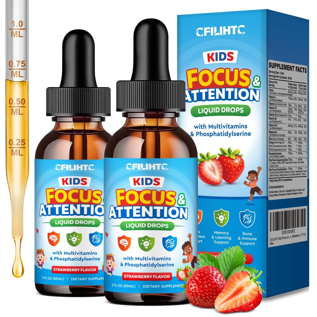 Kids Focus and Attention Supplements with Phosphatidylserine, Omega-3, Magnesium Glycinate & L-Theanine, Brain Vitamins Liquid Drops for Kids Memory, Cognitive, Sleep, Calm & Mood, Strawberry, 4 Fl Oz