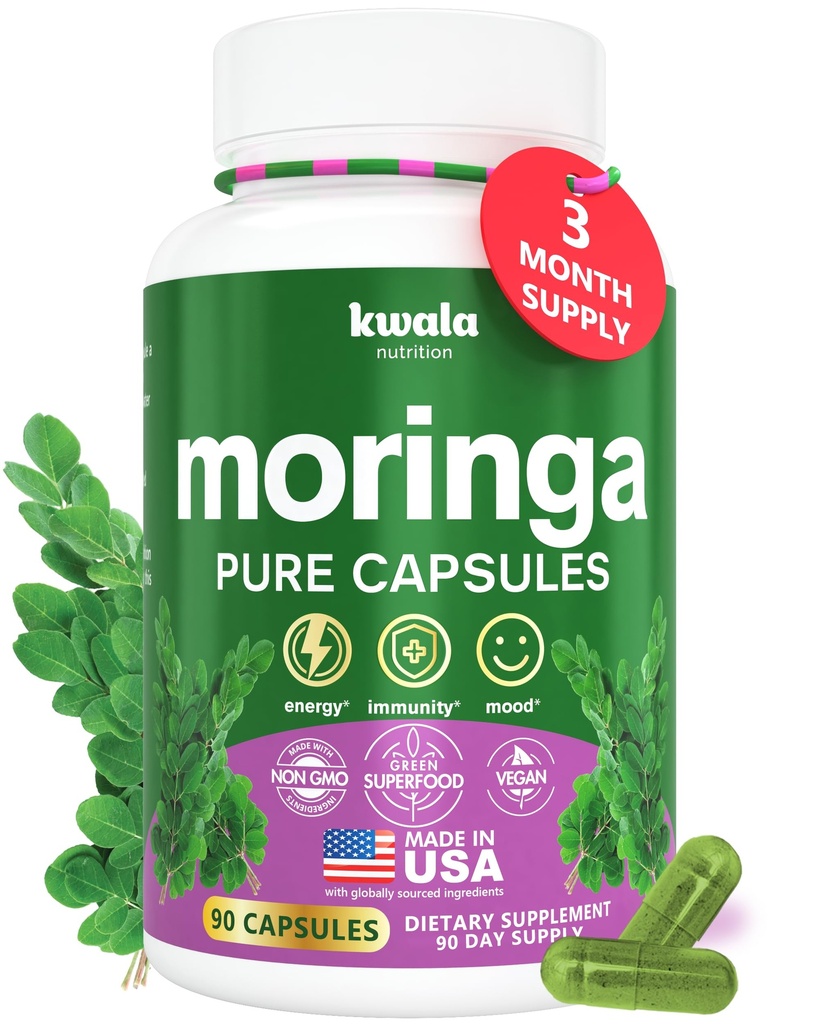 Kwala Nutrition Moringa Capsules - Moringa Powder Supplement - 90 Day Supply - 90 Capsules