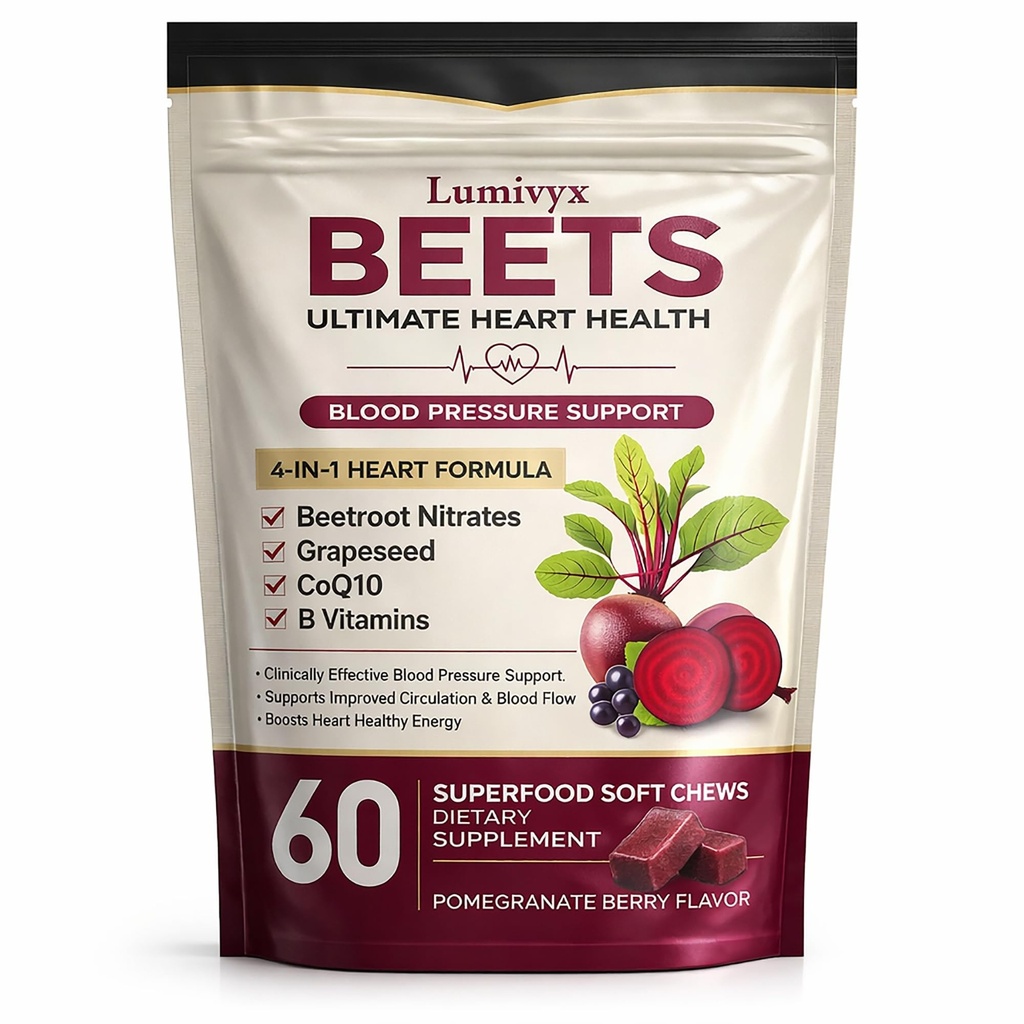 Lumivyx Beet Chews - Beetroot with Grape Seed Extract & CoQ10, Nitric Oxide Support Formula for Circulation & Daily Energy, Pomegranate Berry Flavor, Non-GMO, Gelatin-Free - 60 Chews
