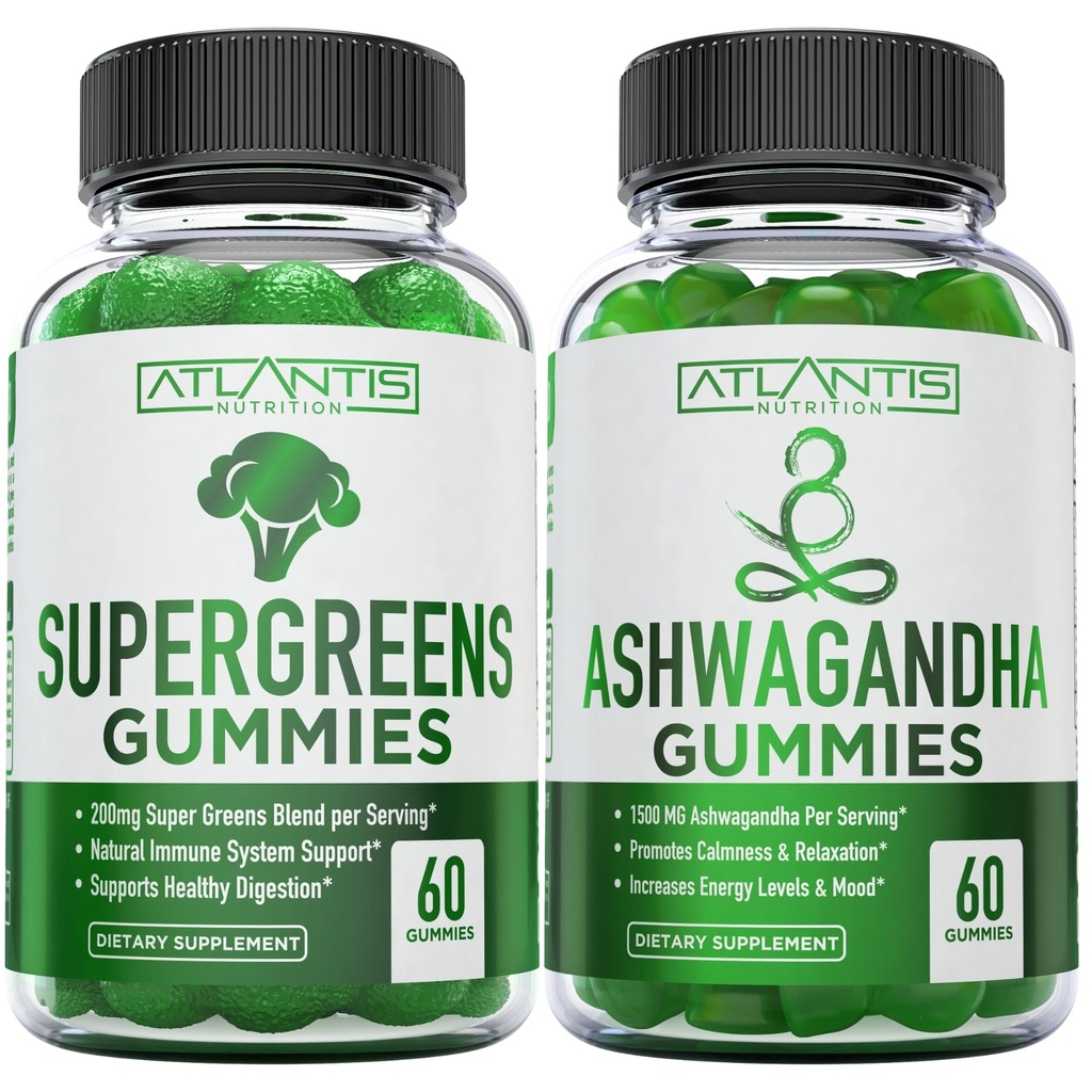 超绿色(Supergreens & Ashwagandha Gummys) - Ashwagandha促进平静和增强免疫系统 - 美味超绿色与菠菜,布罗科利,比特罗特和绿茶支持免疫 - 60 Gummys
