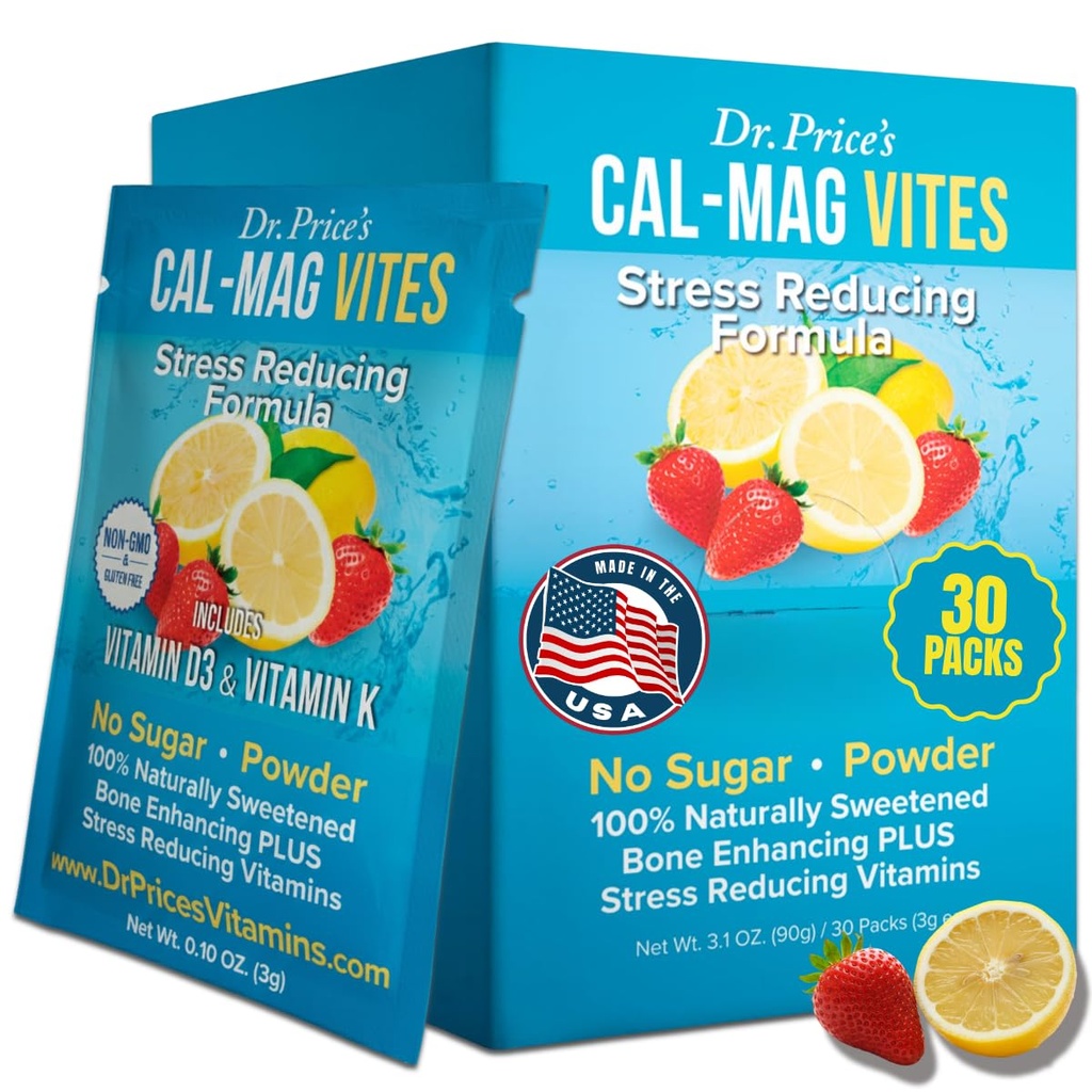 Dr. Price’s Cal-Mag Vites – Strawberry Lemon, 30 Packs | Calcium Magnesium Powder Packets + Vitamin D3, K & Boron | Calming Bone & Muscle Support for Kids & Adults | Doctor-Formulated
