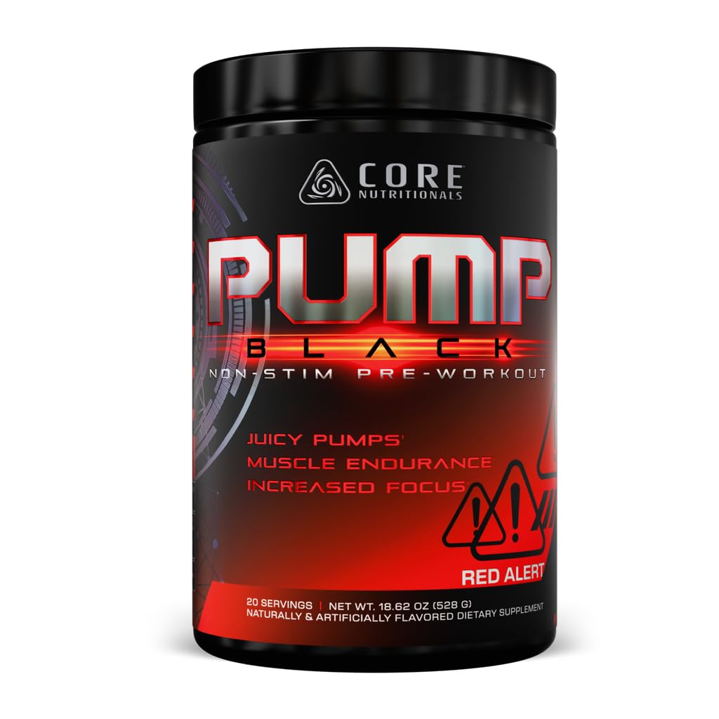 Core Nutritionals Pump Black Non-Stim Pre-Workout | Citrulline, Beta-Alanine, Betaine Nitrate & PeptiPump | Supports Muscle Pumps, Endurance & Focus | 20 Servings (Red Alert)