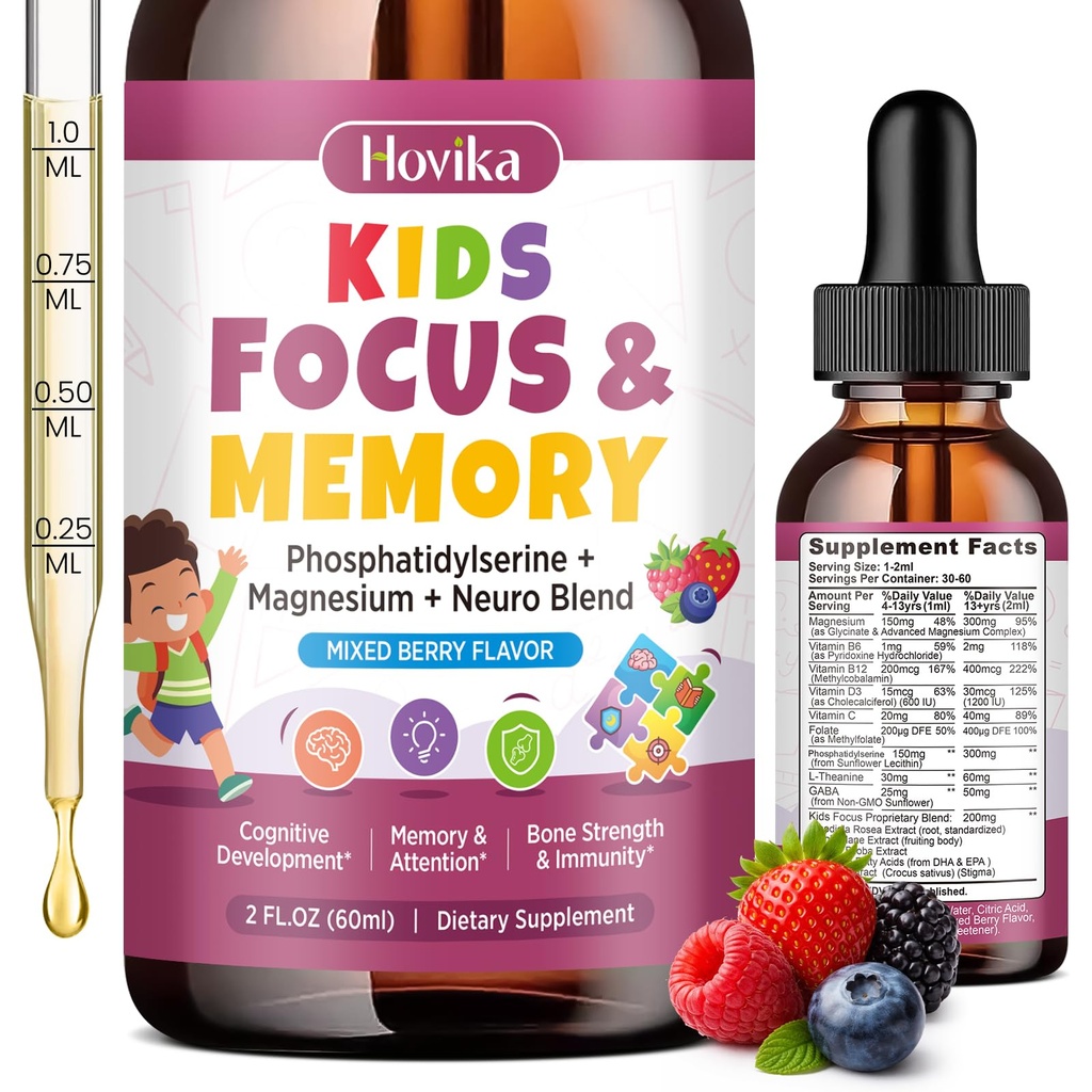 Kids Focus and Attention Supplements with Phosphatidylserine, L-Theanine, Omega-3 & Magnesium Glycinate - Kids Brain Vitamins Liquid Drops - Supports Concentration, Memory, Sleep & Mood, Mixed Berry