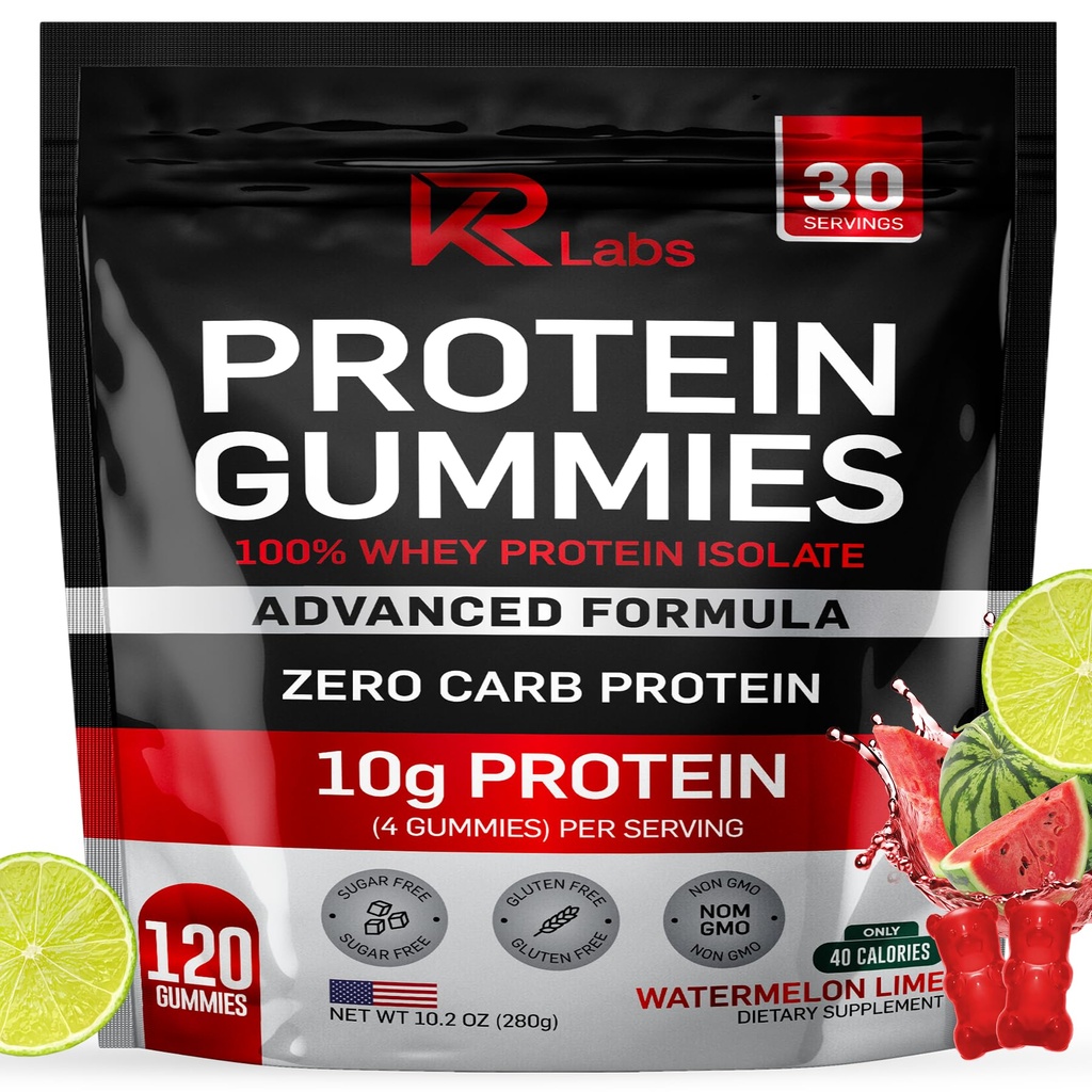 Zero Carb 100% Pure Whey Isolate Protein Gummies | 300g Total Protein per Bag | 10g per Serving Plant Based with Vitamins for Men & Women | Gluten Free Non-GMO | Watermelon Lime | 120 Count
