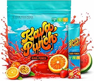 KAVA PUNCH 放松饮品混合 – 12 棒包装邮袋与Kava Kava 提取 缓解压力 → 非酒精、低卡路里、健康替代饮料 → 便携式无酒精巴斯饮料