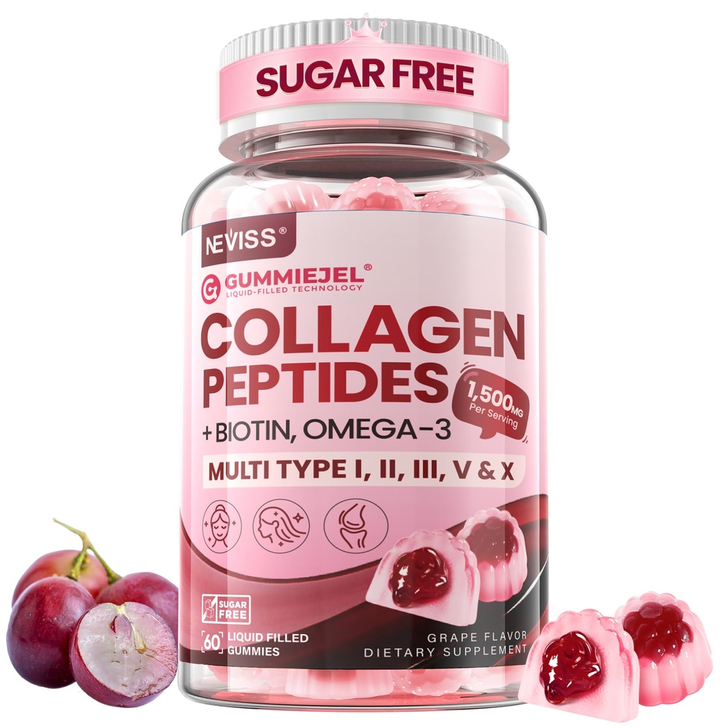 Collagen Peptides Gummies for Women Men w/Omega 3 + Hair Skin and Nails Vitamins - Marine, Grass Fed, 1500mg Hydrolyzed Collagen Supplements Type I,II,III,V,X w/Biotin & Vitamin C, Sugar Free, 60ct