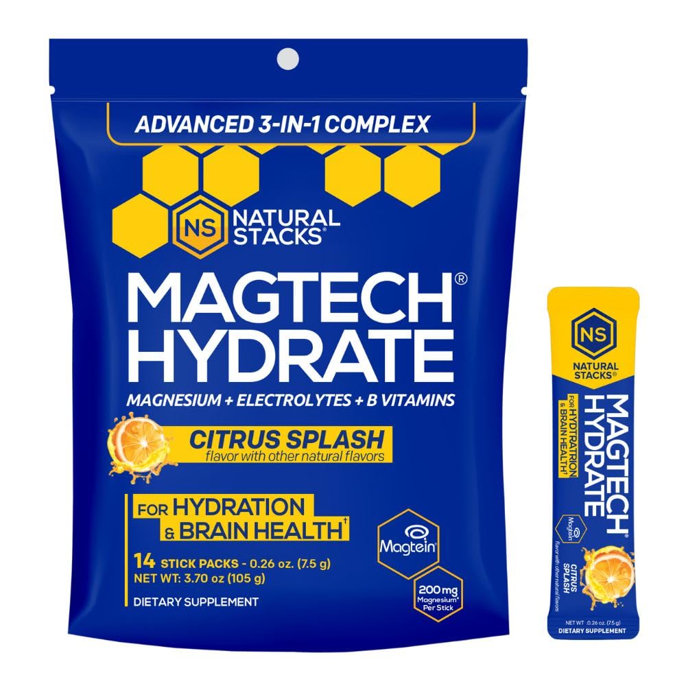 MagTech Magnesium Hydrate Packets - Sugar Free Hydration Powder - Magtein Magnesium L-Threonate, Glycinate & Taurate - 200mg Chelated Triple Complex - Supports Hydration & Brain Health* - 14 Servings