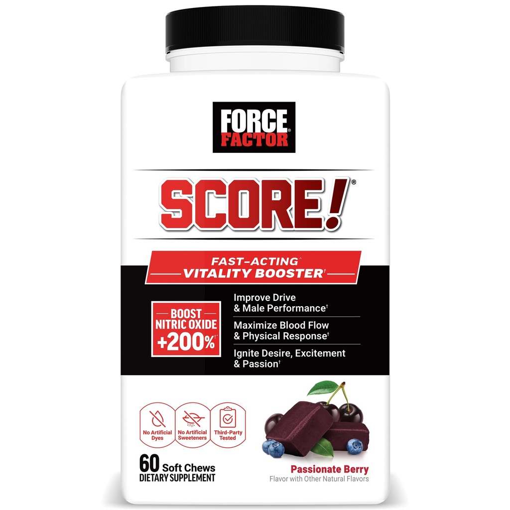 Force Factor Score! Nitric Oxide Supplement for Men with 1,500mg L-Citrulline, Fast Acting Male Vitality Booster for Drive, Desire, and Excitement, Passionate Berry Flavor, 60 Soft Chews