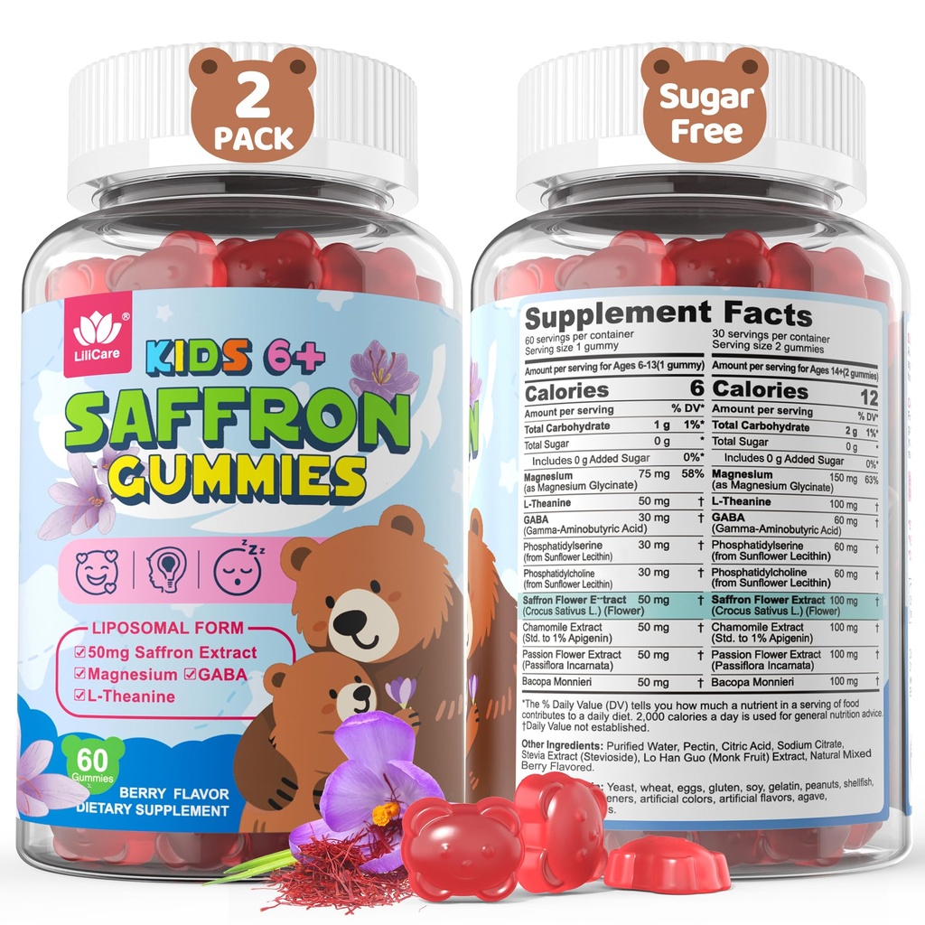 Saffron + Magnesium Glycinate Gummies for Kids Mood Relax Sleep Gummies, Liposomal Happy Organic Saffron Gummies Kids, Saffron Extract Supplements w/ L-Theanine & GABA for Calm - No Melatonin, 120Cts