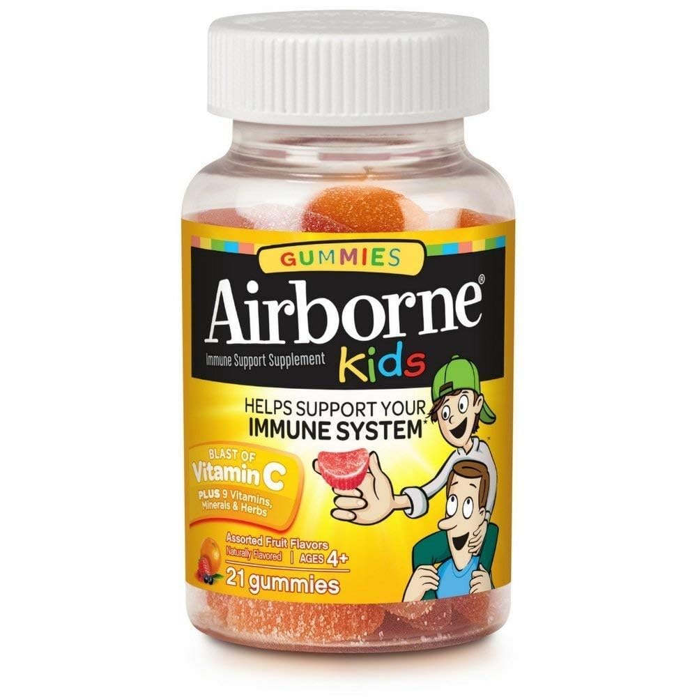 Airborne 500mg Vitamin C Immune Support Zinc Gummies for Kids, Assorted Fruit Flavor, Gluten Free Crafted Blend with Powerful Antioxidants Vitamins C & E, 21 Gummies (4 Pack)