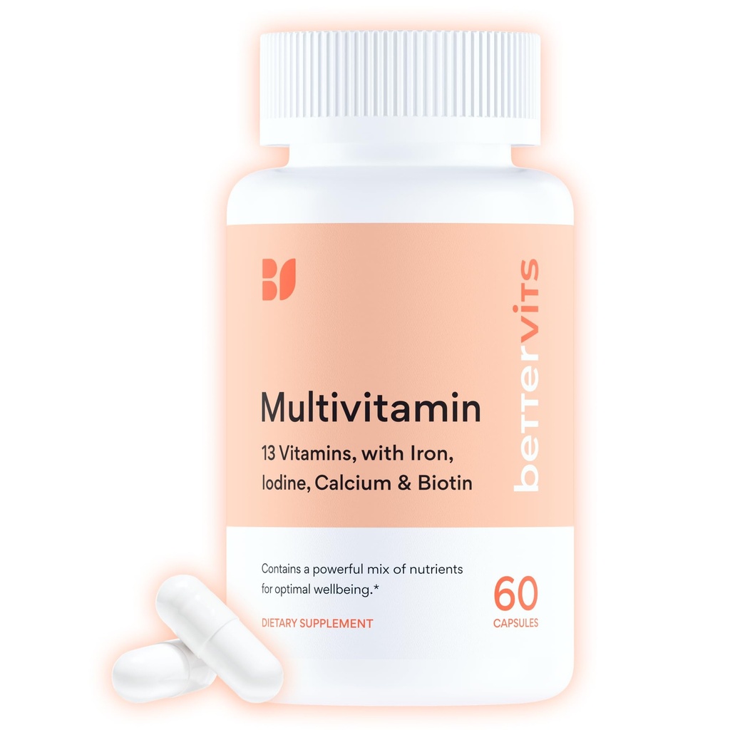 Bettervits Multivitamin for Women & Men | Womens Daily Multivitamin with 13 Essential Vitamins Iron, Iodine, Calcium and Biotin | Vitamins A, K2, D3, C, B1, B2, B3, B5, B6, B7, B9, B12 | 60 Capsules