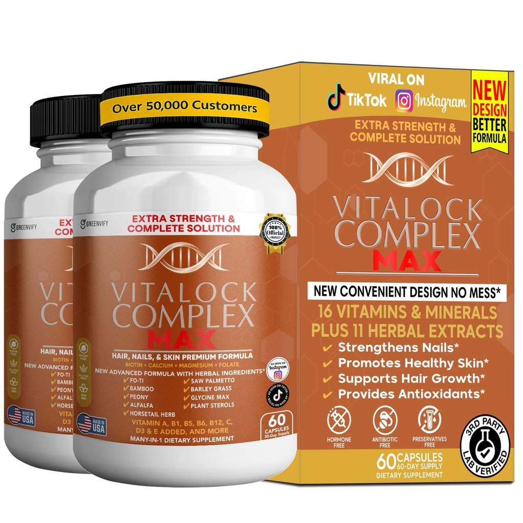 Vitalock Complex MAX Hair, Nails & Skin Formula, Biotin, Folate, Vitamins A B C D E, 60 Capsules (2)