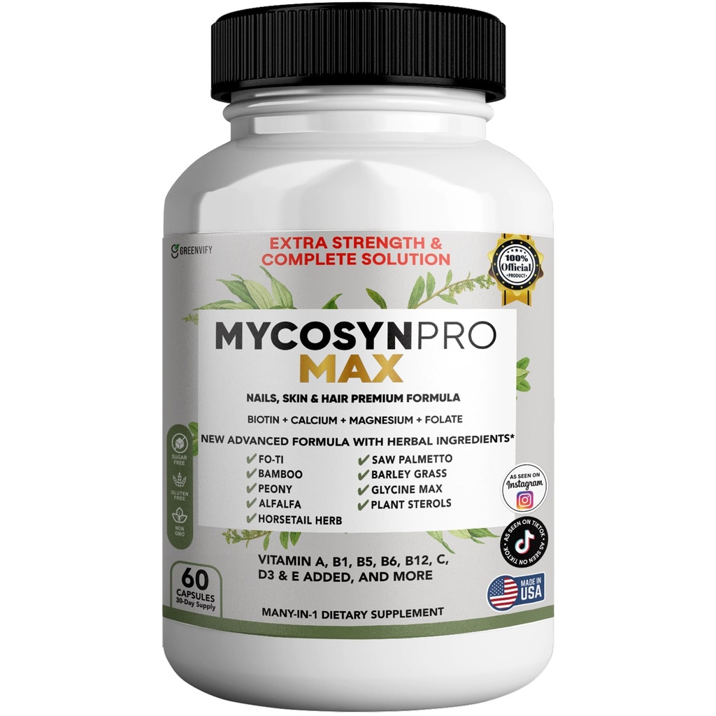 Mycosyn Pro Max Hair Skin Nails Supplement, 60 Capsules, 30 Day Supply, with Biotin 5000mcg, Vitamins A B C D E, Minerals (1)