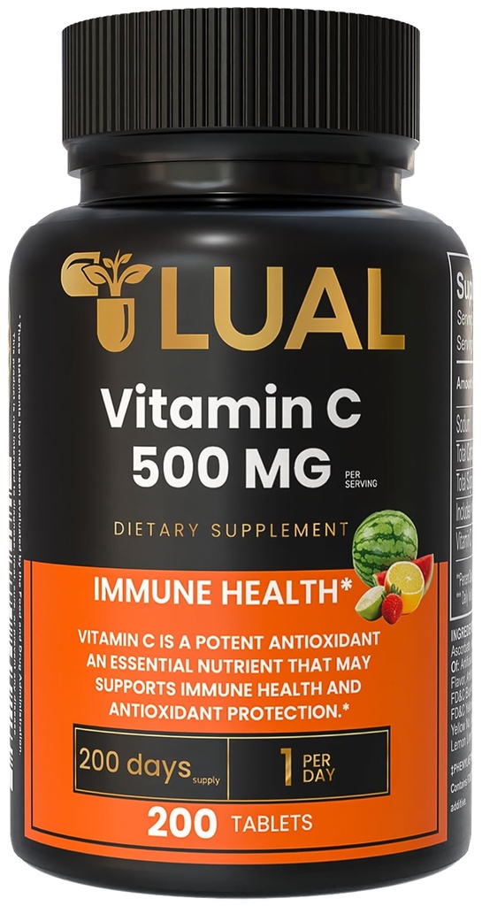 LUAL Vitamin C 500mg Chewable Tablets, Tropical Fruit Flavor, Immune Support & Antioxidant Supplement, Gluten Free, 200 Chewable Tablets
