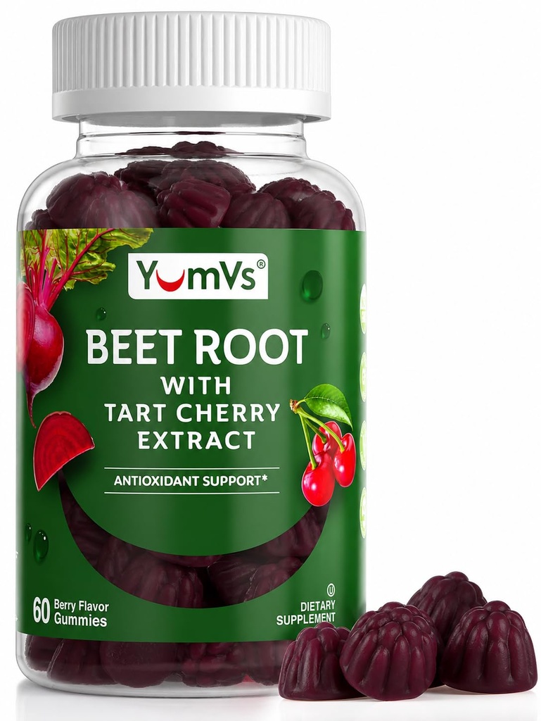 YUM-V's Beet Root Gummys with Tart Cherry Extract - Berry Flavor Beetroot Gummys - Beet Chews for Blood 环流和抗氧化剂支持 - 红色 Beets Gummys (Berry 60 Count of 1) (Berry 60 Count of Pack of 1) (英语).