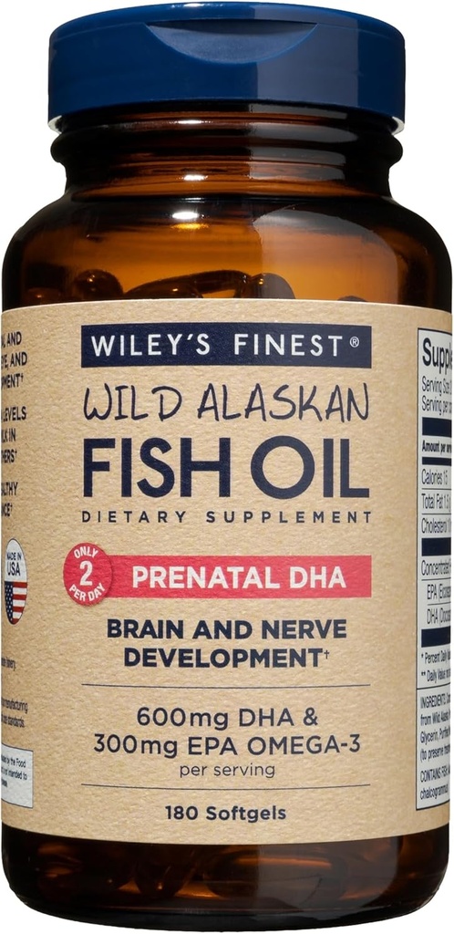 Wiley's Finest Wild Alaskan Fish Oil Prenatal DHA - 900mg EPA and DHA Omega-3s for Pregnant Women and Nursing Mothers - 180 Softgels (90 Prenatal Vitamin Servings)