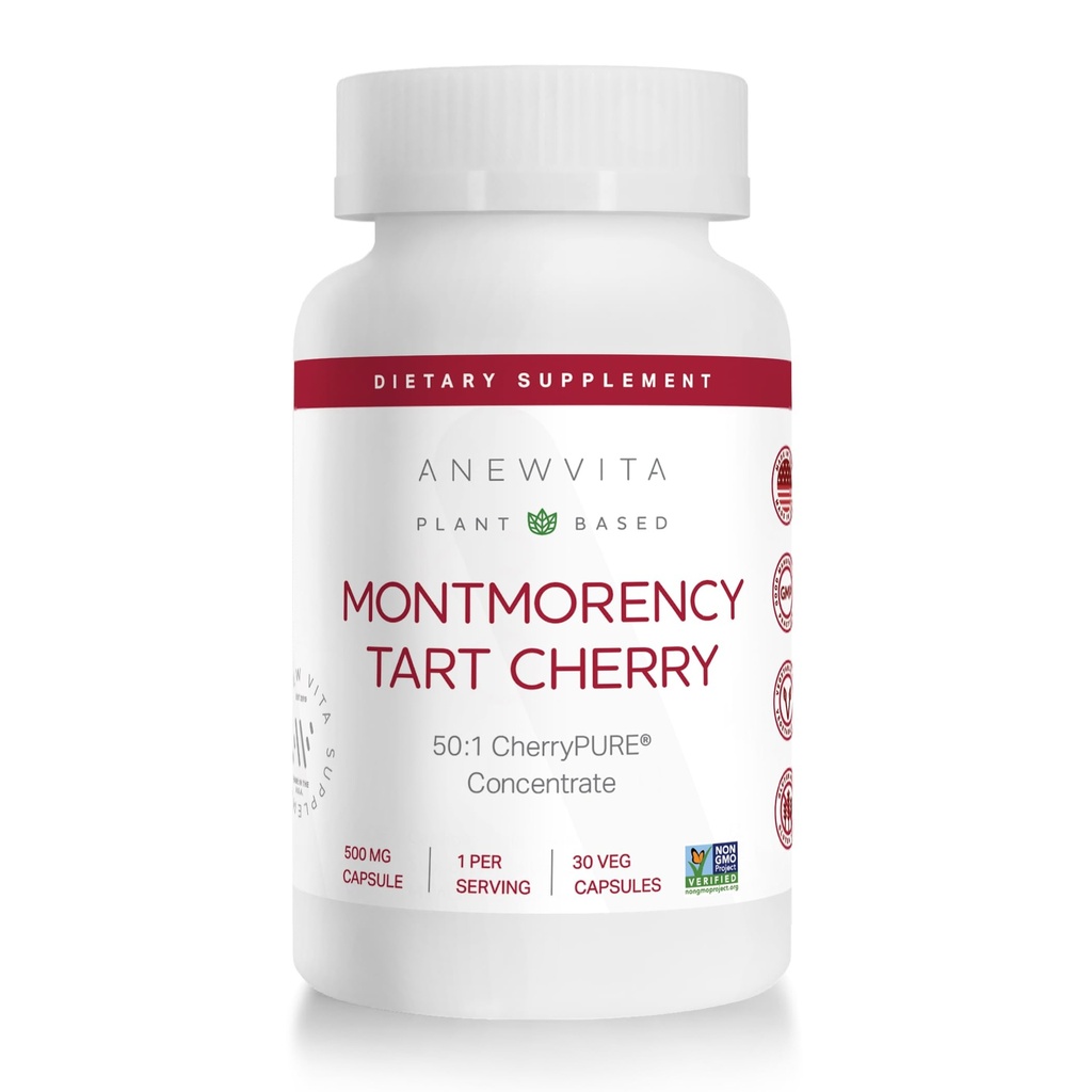 Montmorency Tart Cherry, Non GMO, Capsules - CherryPure 50:1 Concentrate eq. 25,000 mg - Antioxidants & Flavonoids, Tart Cherry Extract for Gout & Muscles - 30 Veggie Capsules - 1 Month Supply