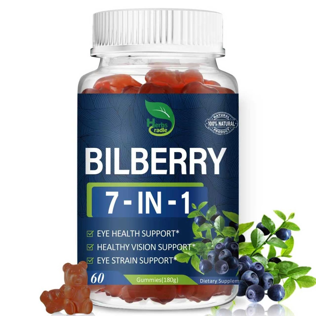 Bilberry Extract Gummies for Eye Health Support, 7-in-1 Herbal Supplement for Vision & Eyes Strain w/Eyebright Herb Lutein & Zeaxanthin, Alternative to Bilberry Powder Capsules. 60Count