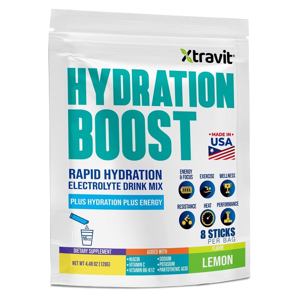 Hydration Boost Electrolyte Powder – Lemon Instant Drink Mix Packets – Electrolytes for Energy, Focus, & Recovery – Hydrate Fast with Clean Ingredients, 8 Single Serve Sticks, 4.48 oz.