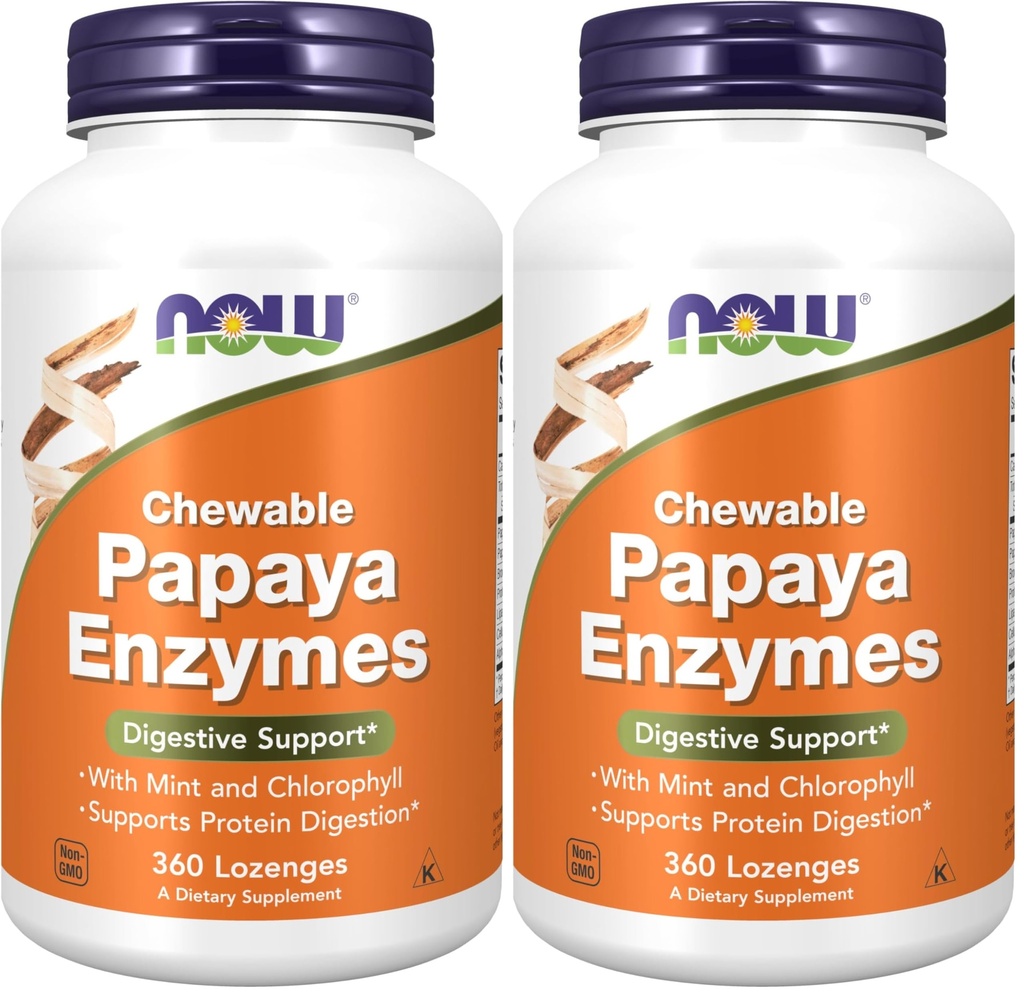 NOW Foods Supplements,Papaya Enzyme with Mint and Chlorophyll,Digestive Support*,360 Chewable Lozenges,(Pack of 2)