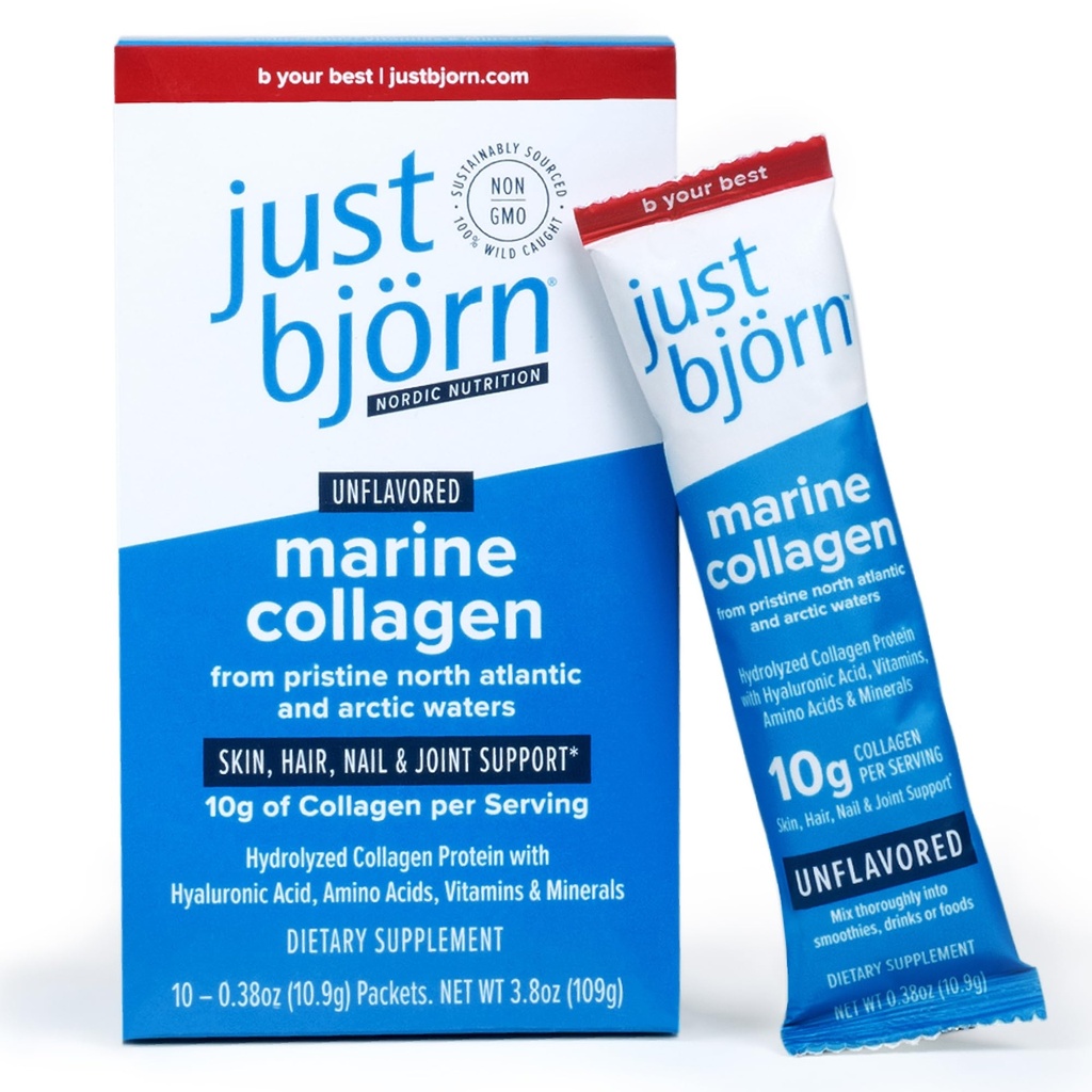 Just Bjorn Marine Collagen Peptides Powder On-The-Go Stick Packs - Collagen Powder for Women & Men - Skin, Hair, Nail & Joint Support - Hyaluronic Acid, Vitamin C, Amino Acids - Unflavored (10 Pack)