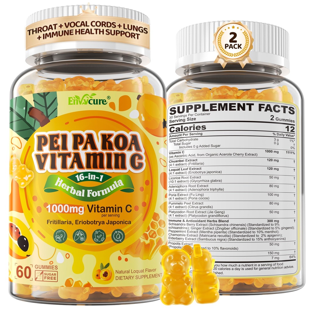 PEI PA KOA Vitamin C 1000mg Gummies, 16-in-1 Herbal Soothing Throat & Immune Support Supplement with Loquat, Chuanbei, Powerful Antioxidant Zinc, Elderberry, Ginger, Chamomile, Manuka Honey - 2 Pack