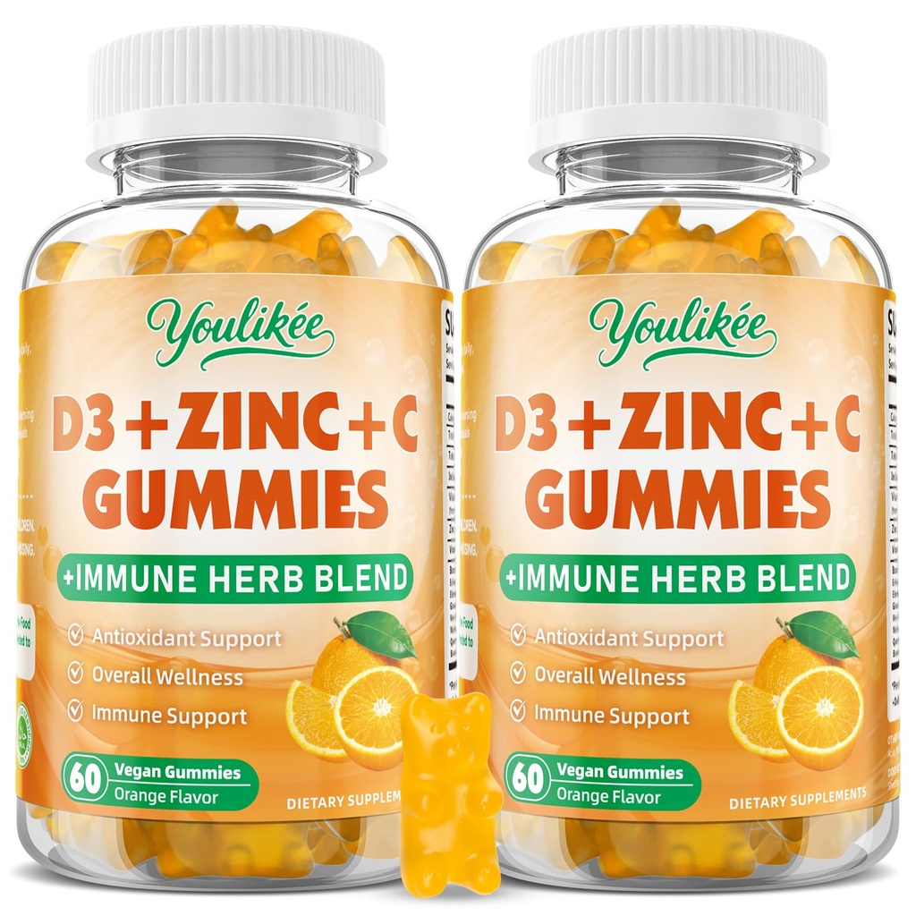 2 Pack Vitamin C + D3 + Zinc Gummies for Adults, Immune Support Supplement with Elderberry, Echinacea & Mullein Leaf - Antioxidant Support, Sugar Free, Orange Flavor, 120 Count