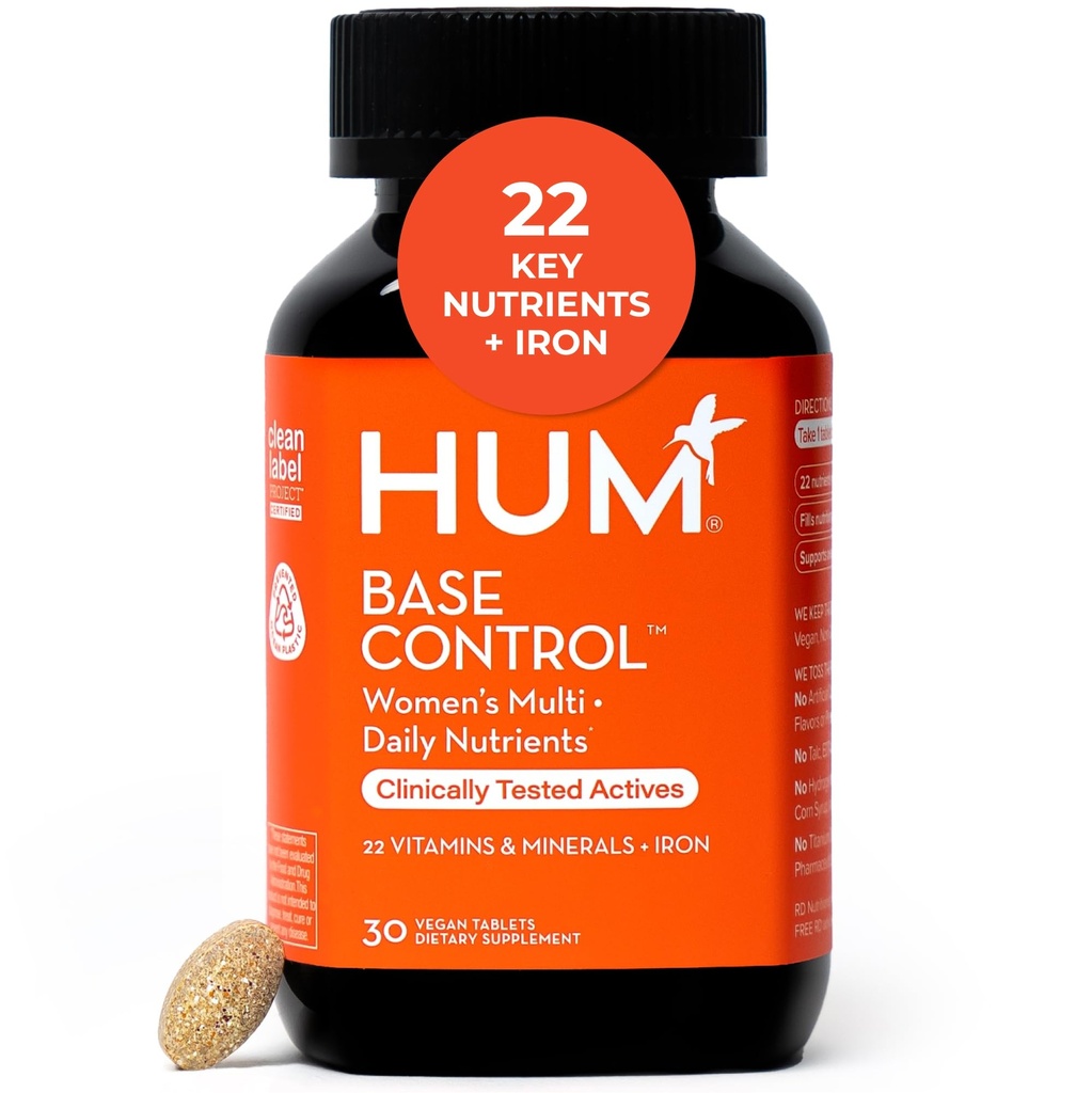HUM Base Control Multivitamin for Women with Vitamin C, Iron, Biotin, Zinc, B Complex, Daily Women's Multivitamin, 22 Essential Vitamins & Minerals, Support for Pre-Menopause, Gluten Free, 30 Capsules