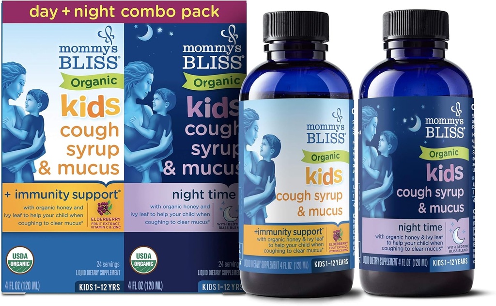 妈咪的Bliss有机 Cough Syrup & Mucus for Kids, 日夜Combo 包,配有维生素C和豁免支持, 包含有机蜂蜜和常春藤叶, 4 Fl Oz (Pack of 2)