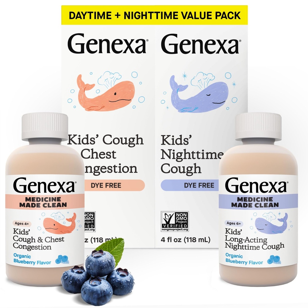 Genexa Kids' Clean Day & Night Cough Medicine, Dye Free, 0% Artificial Additives, Children's Cough, Chest Congestion, Runny Nose & Sneezing Relief, Ages 6+, Organic Blueberry Flavor, 8 fl oz (2 Pack)