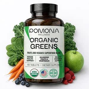 Pomona Wellness Super Greens 补编,全称超级食品维生素和矿物,水果和蔬菜,绿药粉用于布局和消化,Gut Health,USDA Organic,Non-GMO,60片
