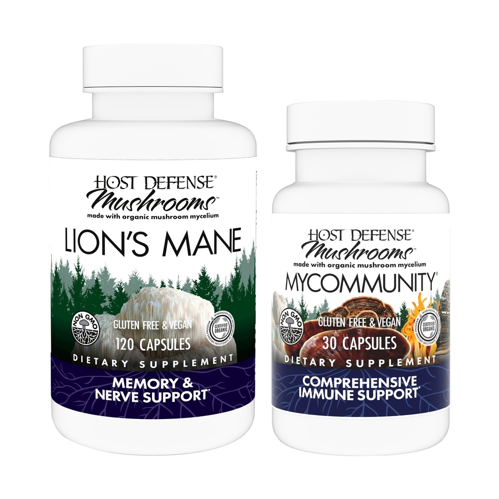Host Defense Bundle with Lion's Mane Capsules, 120 Counter & MyCommunity Capsules, 30 Counter - 支持大脑健康,记忆和焦点 - 支持Immune健康 与17种物种蘑菇混合*