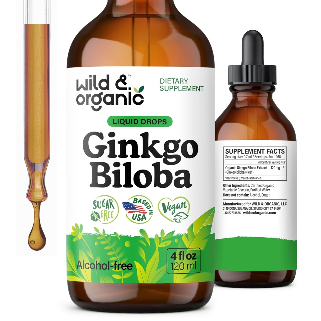 野生和有机 Ginkgo Biloba 提取滴 - 大脑和焦点支持 - Liquid Ginkgo Biloba 补编 - Vegan,糖和无酒精草药丁 - 4 fl oz