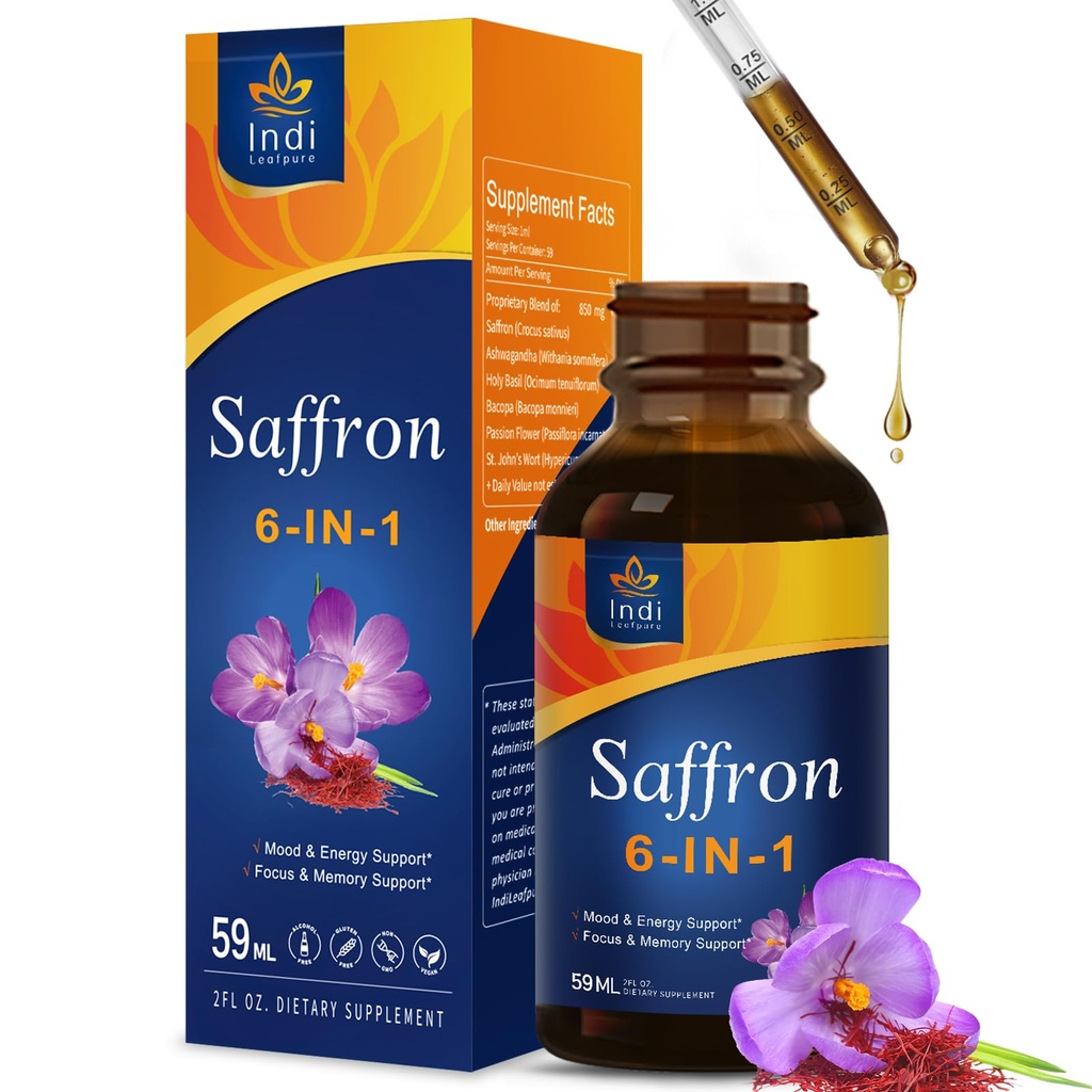 Saffron Extract Drops, Saffron Supplements with Azafrán Extract for Mood, Energy, Focus & Memory Support, Herbal Liquid Formula with Ashwagandha Holy Basil, 2 oz