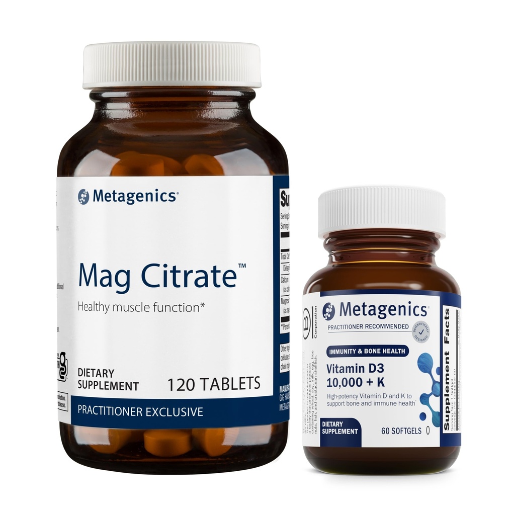 Metagenics Bundle - Mag Citrate & D3 10,000 + K - 120 Count of Mag Citrate for Muscle & Bone Health Support - 60 Softgels of D3 10,000 + K for Immune Support, Bone Health & Heart Health