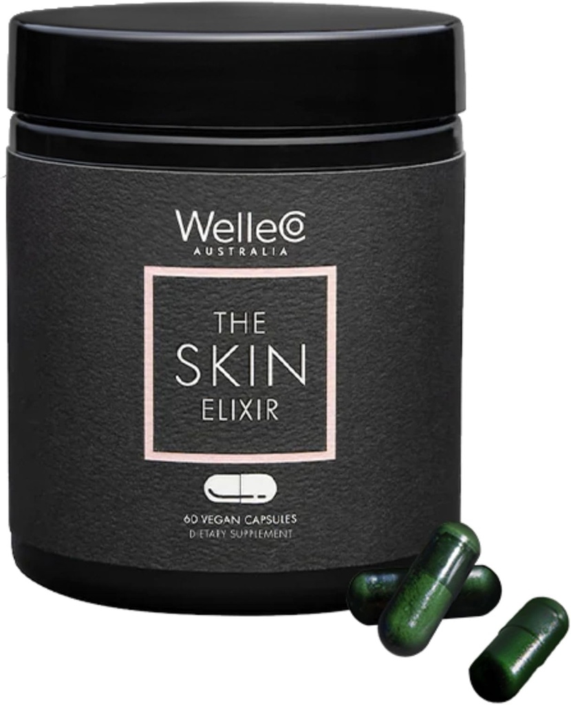 WelleCo The Skin Elixir Greens Power Capsules with Zinc, Turmeric, 基本皮肤食品, 支持凝胶形成, Gluten Free & Vegan Glowing 皮肤补充, 坚固性和弹性, 60 Capsules