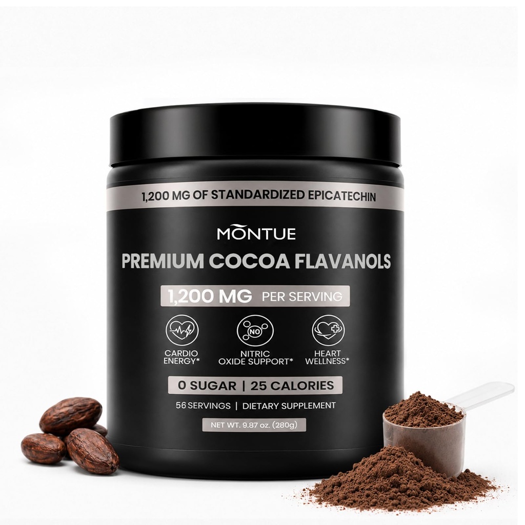 MONTUE High-Flavanol Cocoa Powder — 1200 mg Cocoa Flavanol & Flavonoid Complex — Contains Epicatechin, Rutin, and Theobromine; Supports Nitric Oxide Production and Heart Health; Vegan, Non-GMO; Net Weight 9.87 oz.