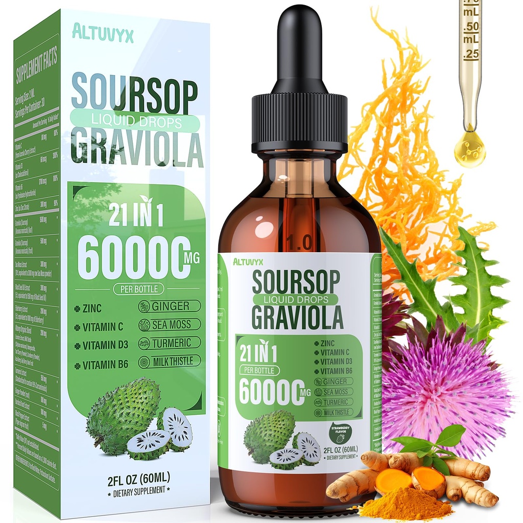21-in-1 Soursop Graviola Liquid Drop, Soursop Bitters Liquid 2000mg Organic Soursop Leaves & Fruit with 300mg Sea Moss, Zinc, Vitamins for Cellular, Immune, Skin, Digestive, Strawberry Flavor, 60ML