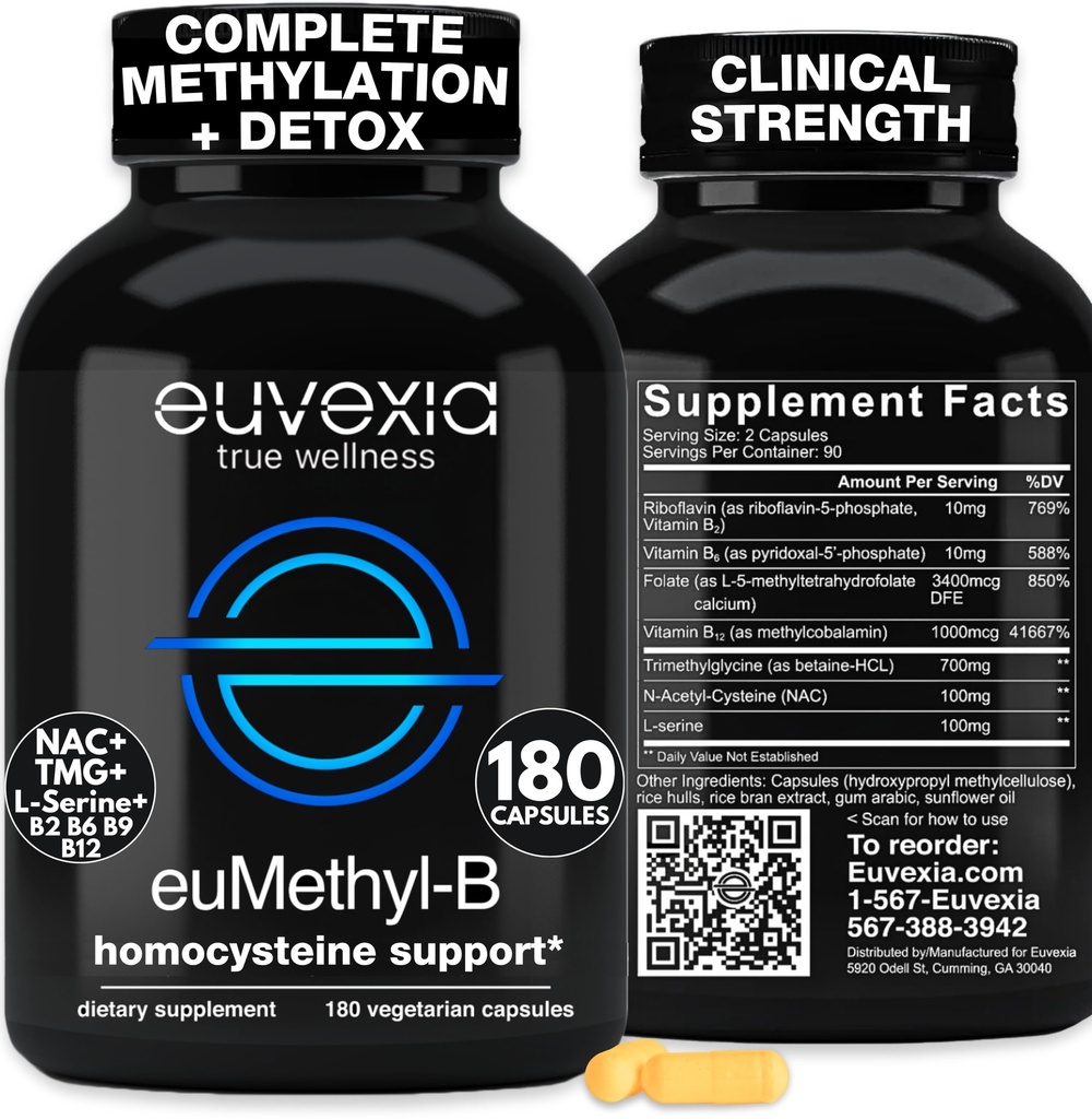 Methylated B Complex Vitamins Riboflavin B6 B12 Folate L-Serine NAC & TMG Supplements Brain Heart MTHFR Immune Support - Methylated Multivitamin L Methylfolate Active 5-MTHF (180) Dr Ekberg euMethyl-B