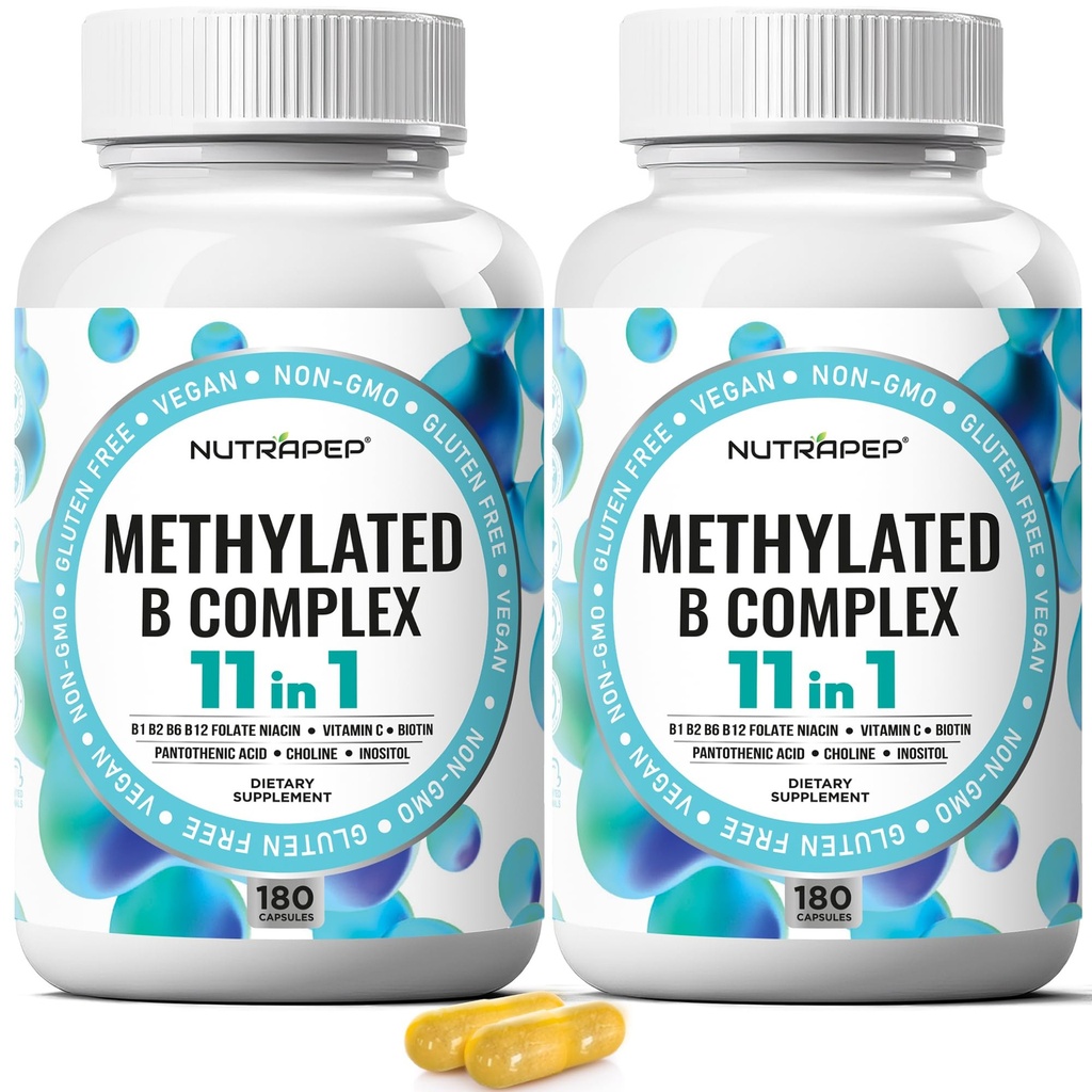 NutraPep Methylated B-Complex Vitamins - Complete Methyl B Complex Multivitamin with Bioactive B9 5-MTHF B6 B12 - MTHFR Support Supplement for Brain Heart Energy (Pack of 2)