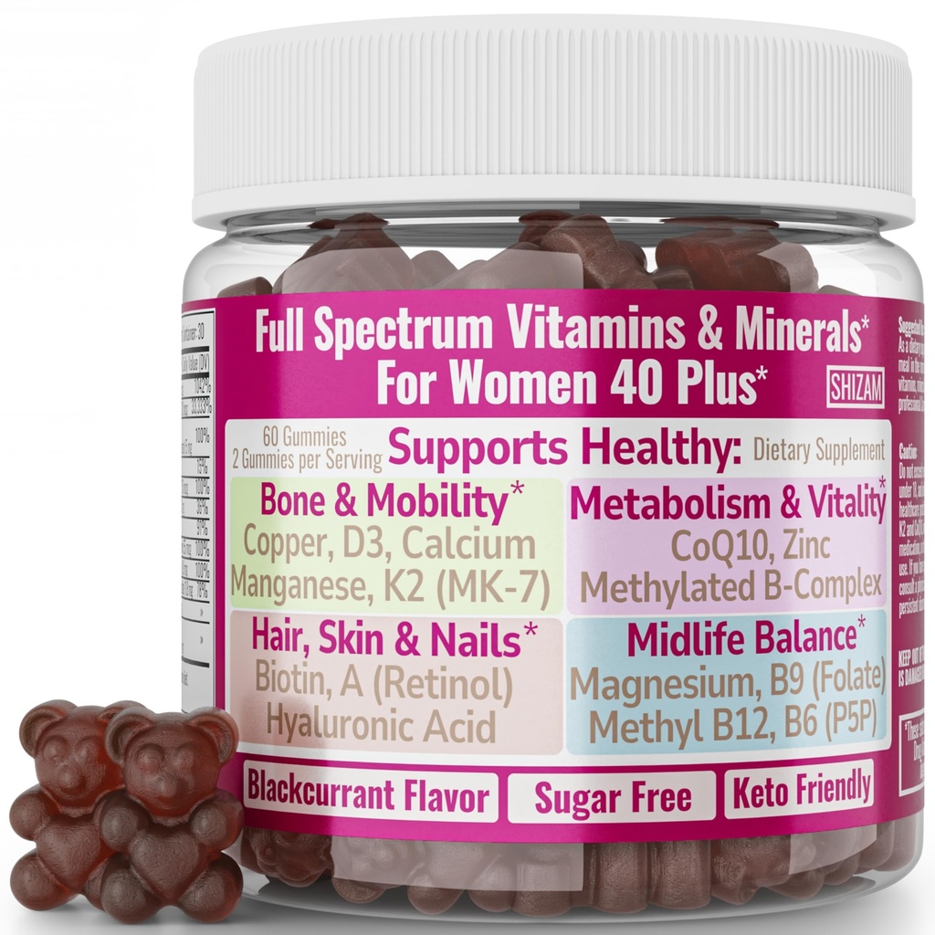 SHIZAM Vitamin D3 K2 MK-7 Gummies with Magnesium, Folate (5-MTHF), Methylfolate, CoQ10, B6 P5P & Methylated B-Complex for Women 40+