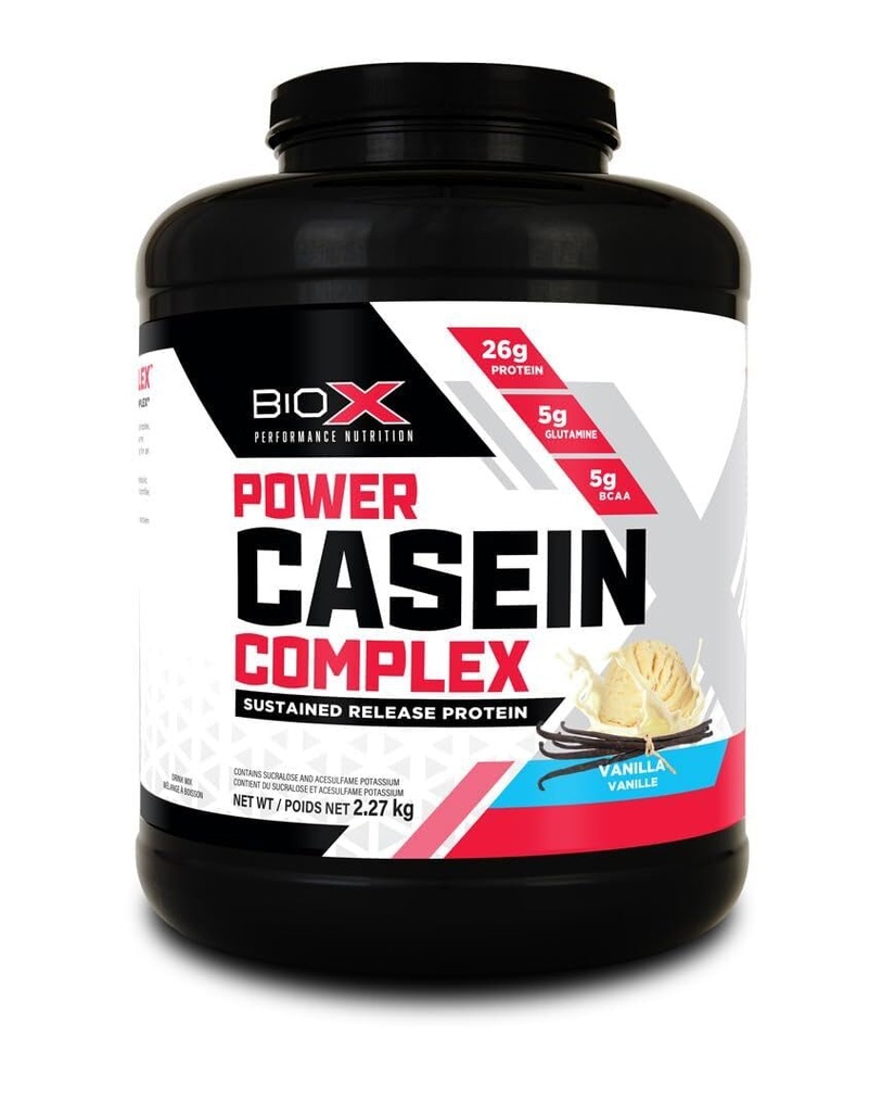 BioX Power Casein Complex | Ultra Sustained Slow Release Micellar Protein Complex | 26g Protein, 5g Glutamine, 5g BCAAs | Slow Digesting Whey Protein | 65 Servings, 5LB (Vanilla)