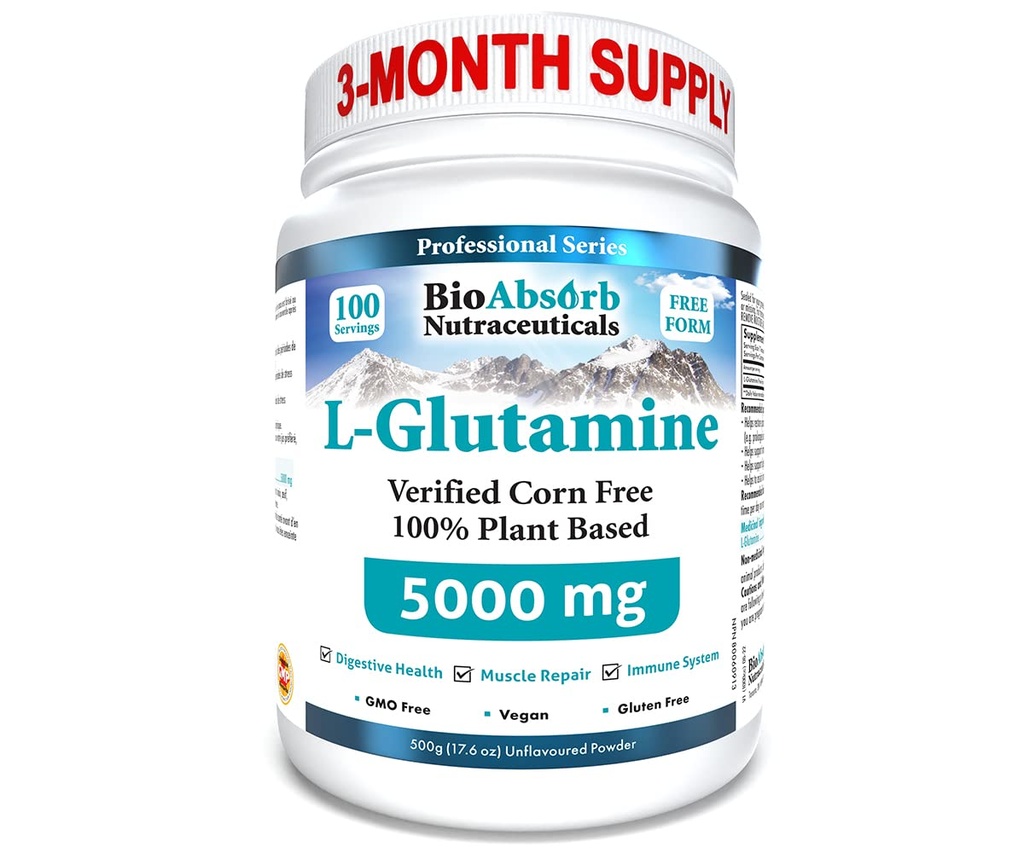 Bio Absorb L-Glutamine Powder, Corn-Free, Non-GMO, 100-Day Supply, Vegan L Glutamine for Gut Health & Post Workout (500 g)