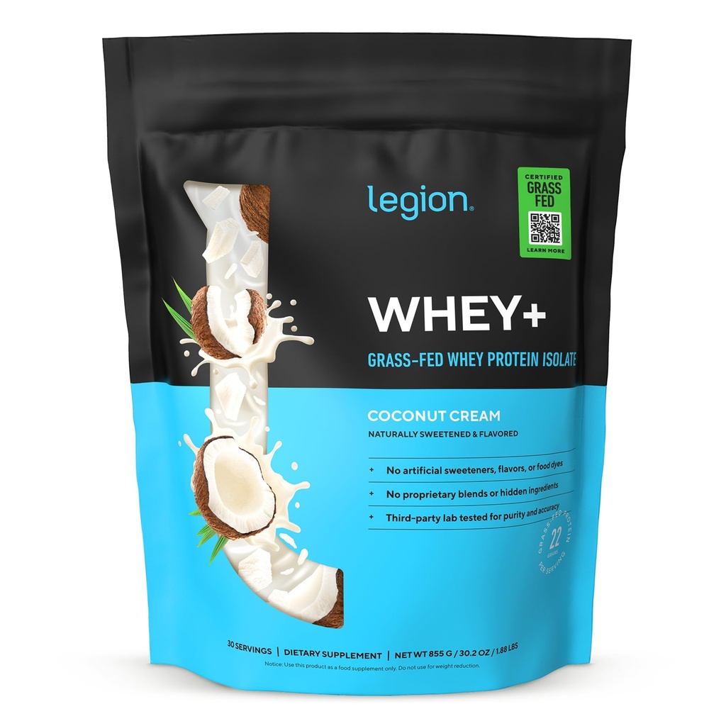 LEGION Whey+ Whey Isolate Protein Powder from Grass Fed Cows - Low Carb, Low Calorie, Non-GMO, Lactose Free, Gluten Free, Sugar Free, All Natural Whey Protein Isolate, 30 Servings (Coconut Cream Pie)