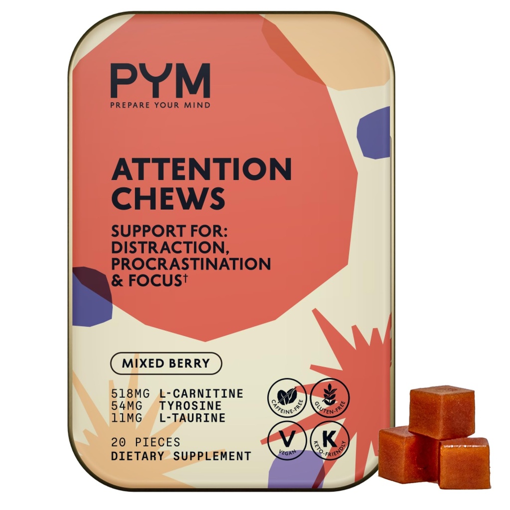 PYM 关注 Chews 支持普罗切斯,聚焦与生产力,20 Counter QQ 518mg L-Carnitine,54mg Tyrosine,11mg L-Taurine, Cafeine-Free QQ全自然摩德靴子 在美国制造