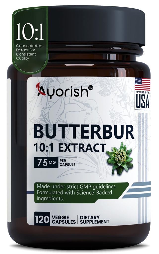 Butterbur Capsules 75mg 120 Count 10:1 Extract Herbal Supplement Plant Based Vegan Non GMO Dietary Supplement with Root Extract