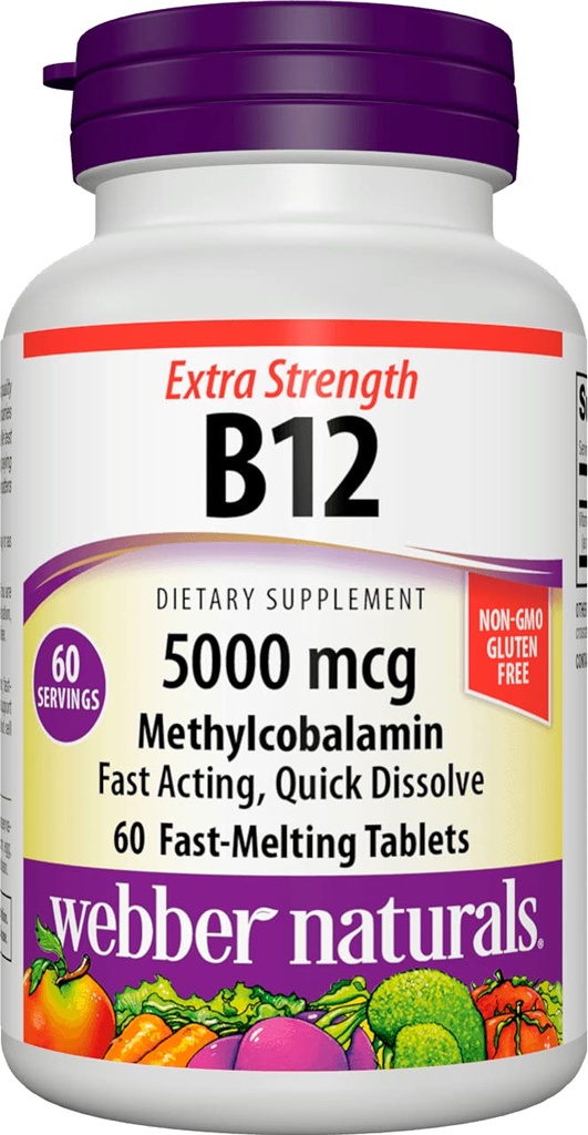 Webber Naturals Vitamin B12 5000 mcg, 60 Counter, 快溶液片, 维生素补充支持能源代谢, 免疫和心脏健康, 蔬菜配方, 60日供应
