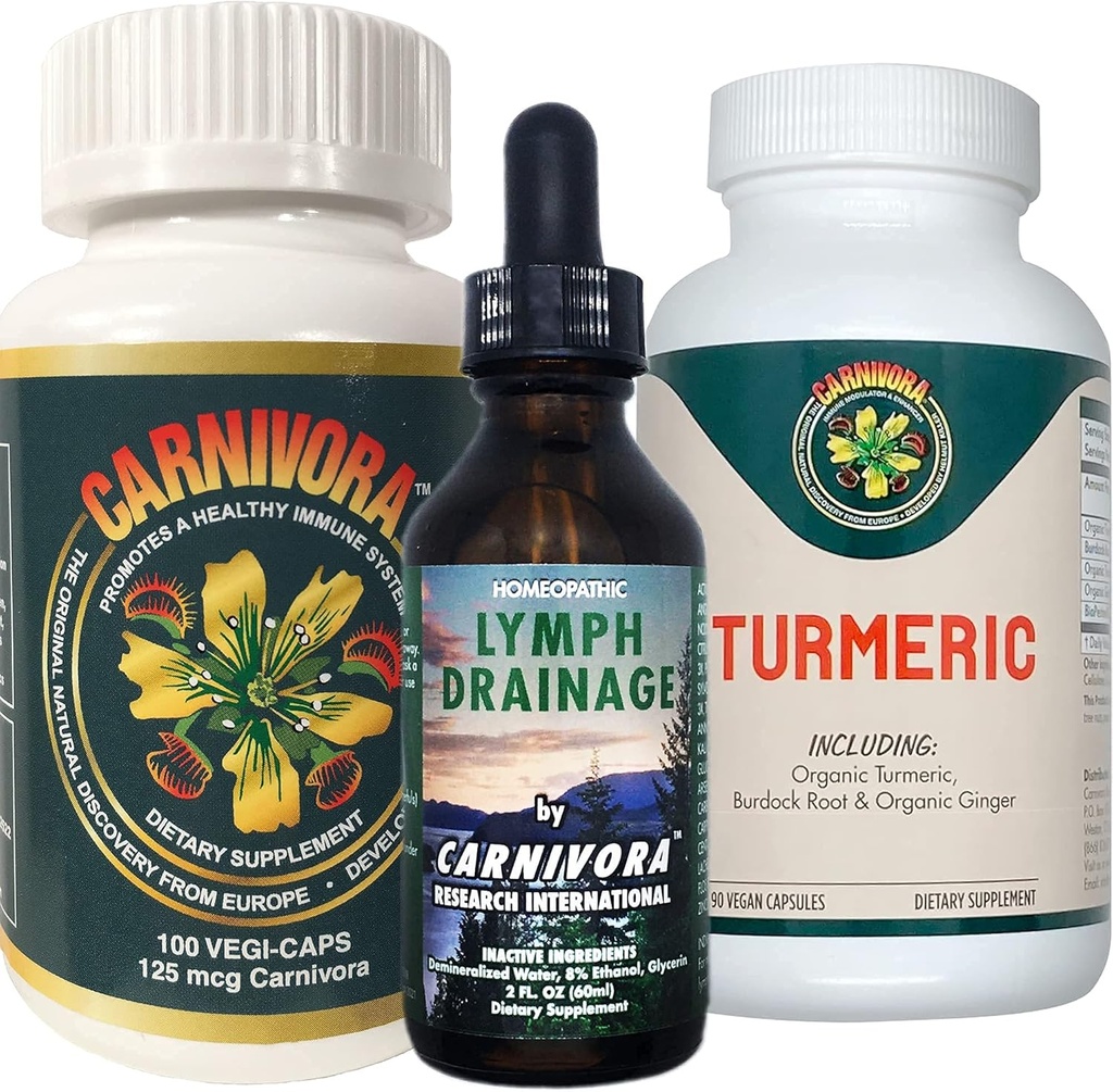 Carnivora三重奏 - Immune系统支持,Lymph系统 Flush,以及关节和消化增强(Bundle,每瓶1瓶Carnivora Vegi-Caps,Lymph排水和Turmeric)