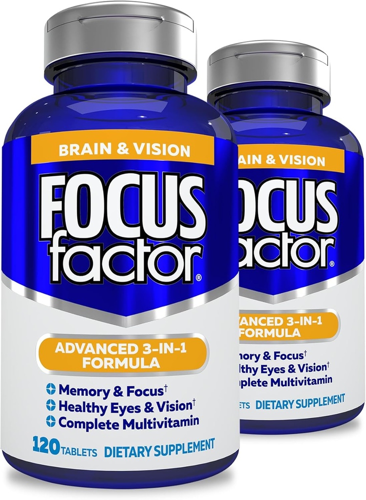 Focus因子成人脑和视觉补充,120 Counter-Eye Vitamin,矿物补充,与Lutein & Zeaxanthin-Brain 的完整多维他命补充,用于Focus, 浓度,记忆(2Pk)